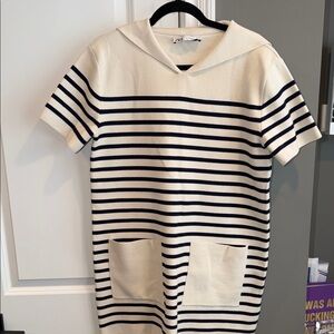 Zara Cream and Navy Striped Hoodie Dress